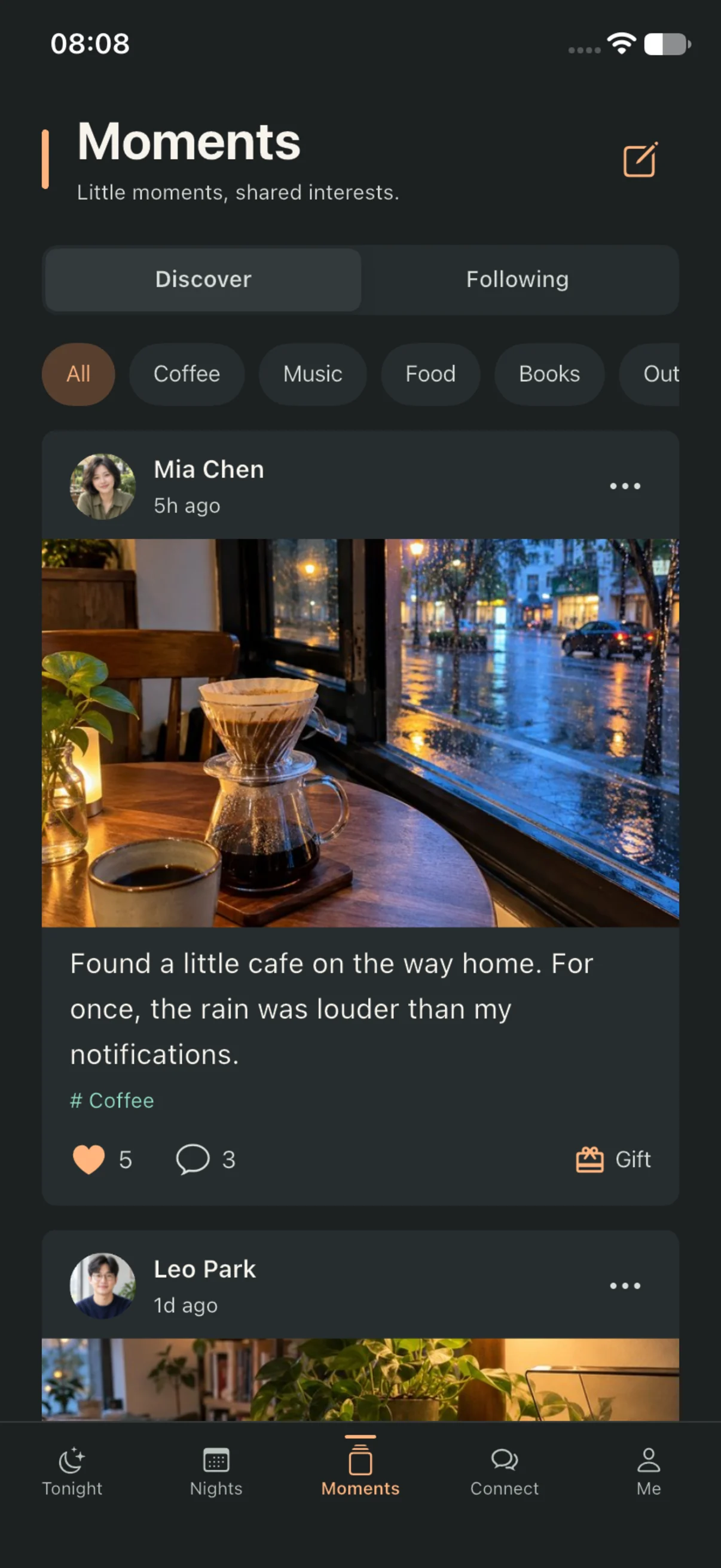 Evnue Moments screen with everyday photos and posts