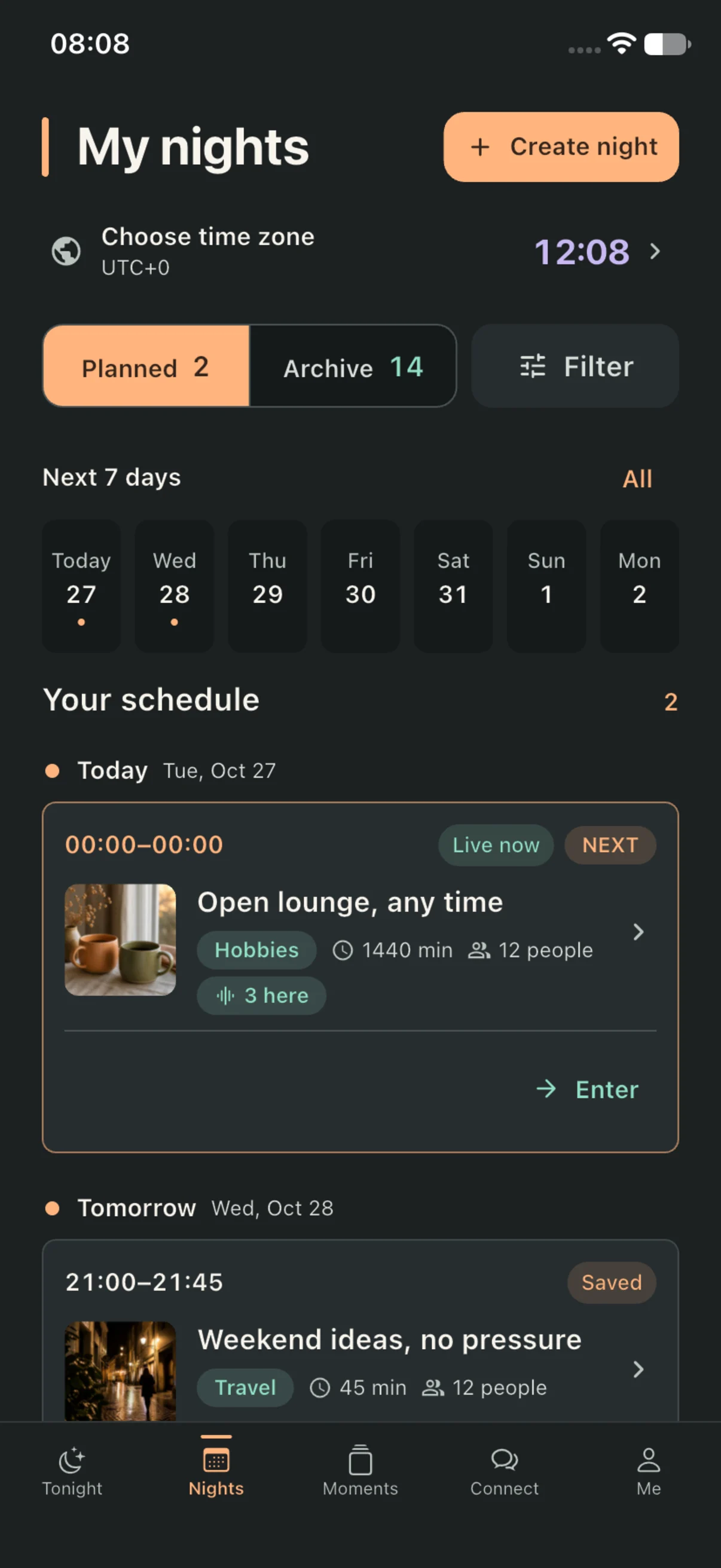 Evnue My nights screen with joined and past sessions