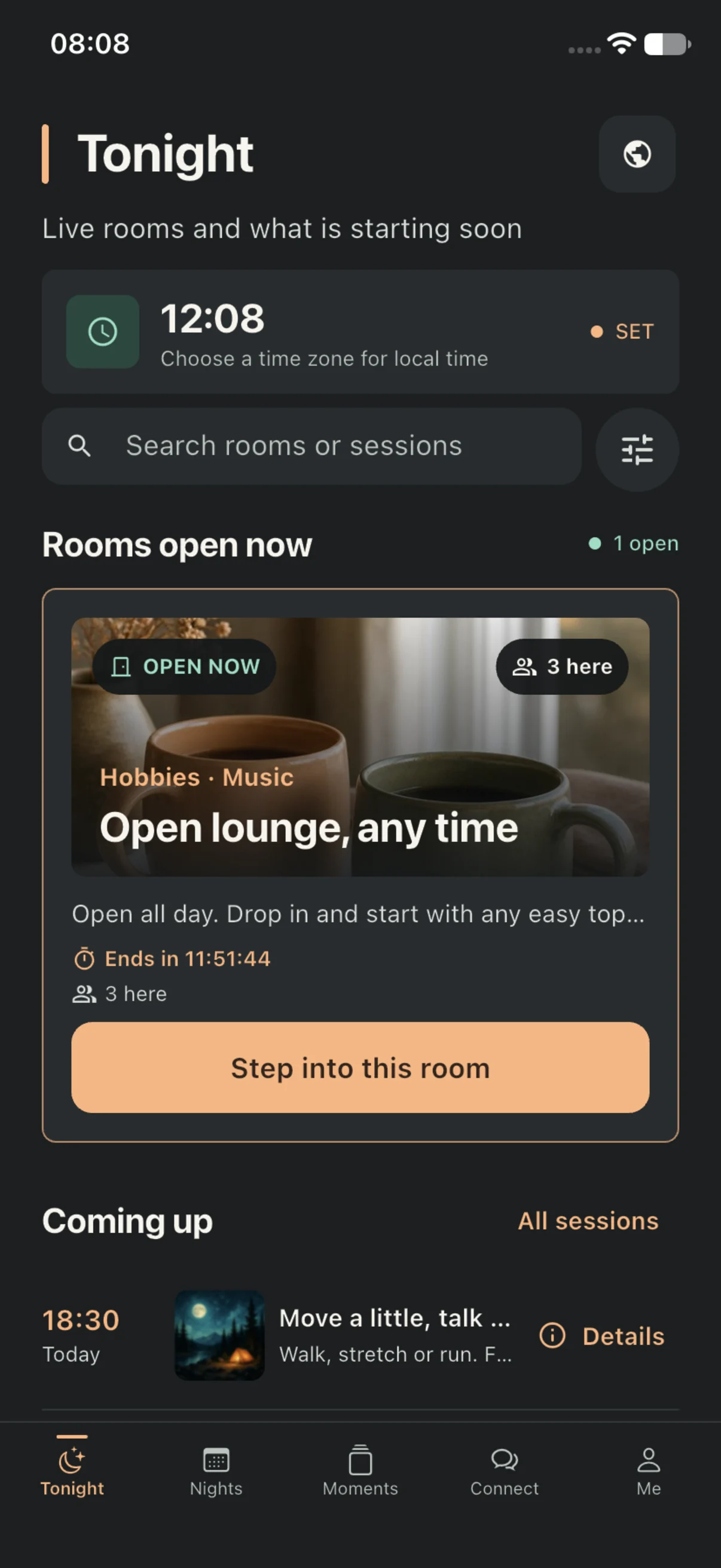 Evnue Tonight screen with interest rooms and session times