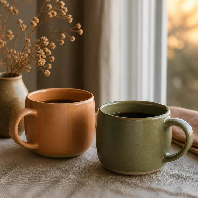 Two warm cups of coffee on a table