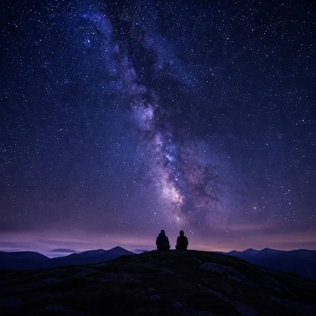 Two silhouettes beneath a sky full of stars